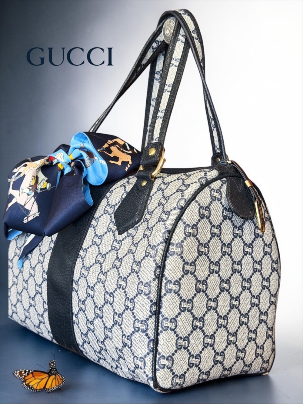 Vintage Gucci Plus GG Monogram Boston Bag - Rare Navy Blue/Black Coated Canvas - Picture 6 of 15